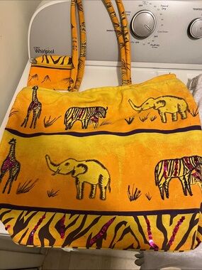 Yellow Safari Print Tote Bag with Elephant & Giraffe Motif